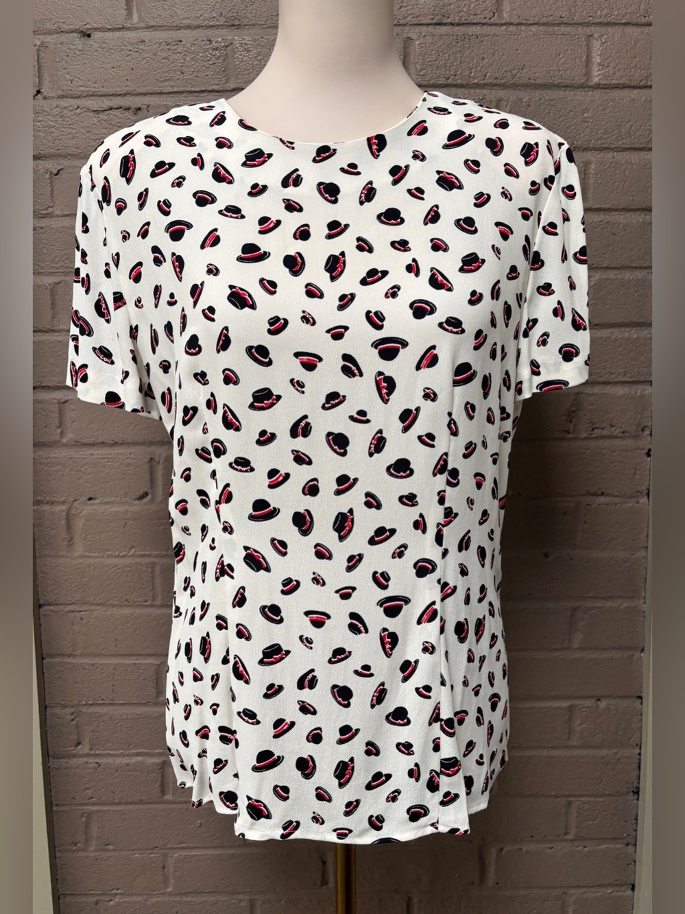 Talbots  Vintage White Short-Sleeve blouse with Black and Red Hat Print